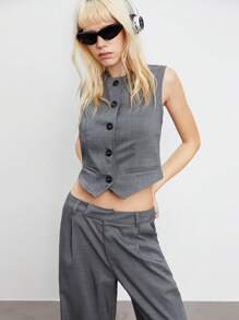 SHEIN Unity 2pcs Grey Office Lady Outfit: Sleeveless Open Front Vest & Straight Leg Trousers, Commuter Style Business Suit For Autumn/Winter - Grey - View 5