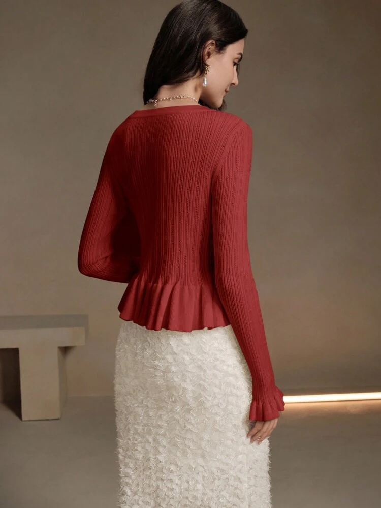 Women's Elegant Pearl Button Decor Ruffle Trim Cardigan