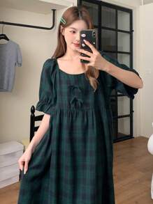 DAZY Casual Plaid Print Ruffle Sleeve Short Sleeve Nightdress Pajama, Moo Moo - Green - View 4