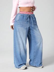 Jeanoix Y2K Style Faded Plaid Patchwork Loose Wide Leg Long Denim Jeans - Light Wash - View 3