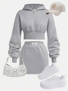 SHEIN Girlism 2pcs Teen Girls All-Match Versatile Casual Collegiate Varsity Jacket And Mini Skirt Set