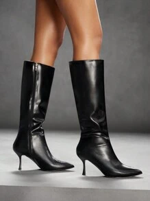 CUCCOO SZL Mode Zwarte Puntige Neus Stiletto Kniehoge Laarzen Voor Vrouwen Voor Kerstmis En Nieuwjaar Vakantie Vibe Herfst En Winter