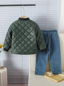 女生两件套冬季新款厚款时尚休闲简约风菱格纹长袖棉服+时尚破洞牛仔裤套装适合日常百搭通勤风 - 軍綠色 - 查看 2