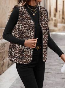 SHEIN LUNE 豹纹无袖夹棉加厚外套女士冬季服装 - 杏色 - 查看 7