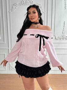Lyrianda Plus Size Fashionable Off Shoulder Lace-Up Rib Knit Sweater With Color Block For Women, Sexy Design, Autumn/Winter Knit Pullover Fall - Pink - View 7