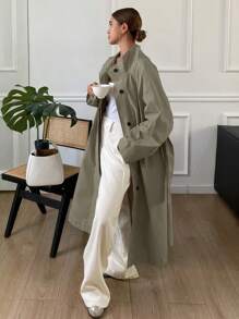 DAZY 纯色宽松长袖系带口袋纽扣女式长款风衣外套，秋季女装 - 綠色 - 查看 3