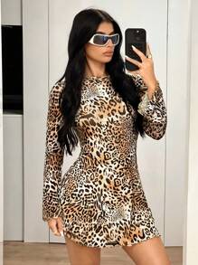 SHEIN ICON Y2k Sexy Long Sleeve Backless Holiday Leopard Print Mesh Thanksgiving Party Mini Dress - Multicolor - View 6