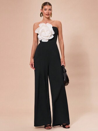 SHEIN BAE 女士纯黑色和黑白露肩紧身连体裤，带 3D 花卉装饰，优雅适合鸡尾酒会、浪漫约会、秋冬打底衫、派对、万圣节、圣诞节