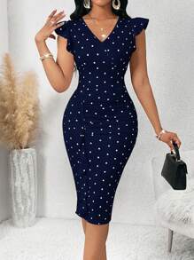 SHEIN Lady Four Season Office Dress White Polka Dot Elegant Knitted Sleeveless Ruffle Women's Dress