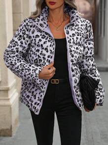 EMERY ROSE Women's Leopard Pattern Front Zipper Long Sleeve Casual Padded Coat - Mauve Purple - View 6