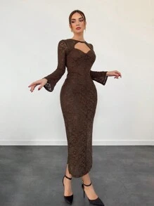 Aloruh Women's Elegant Long Sleeve Midi Dress, Vintage Lace V-Neck Fitted Cocktail Party Dress, Chocolate Brown Color
