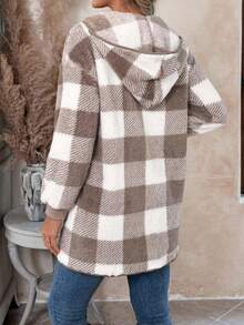 SHEIN LUNE 女士休闲格纹落肩宽松连帽毛绒夹克，秋冬 - 杏色 - 查看 3