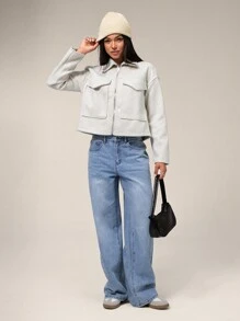 Forever 21 女士休闲翻领拉链口袋蝙蝠袖夹克，适合秋季外出 - 米色 - 查看 5