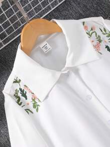 Áo sơ mi trắng cho bé gái, giản dị & đa năng, mùa xuân/thu, thiết kế đính vải phía trước, không phai màu và chống nứt - trắng - Xem 3