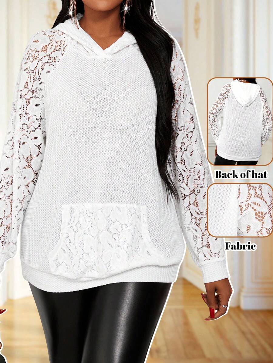 SHEIN Lady Xuân Hè Thu Đông Áo len trùm đầu màu trắng thanh lịch ren dài tay cỡ lớn Áo nỉ thu đông Quần áo nữ Quần áo mùa đông cho phụ nữ - trắng - Xem 1