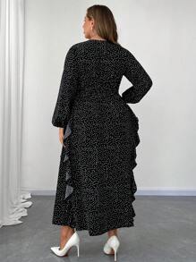 Flirla V-Neck Polka Dot Puff Sleeve French Style Dress - Black - View 2