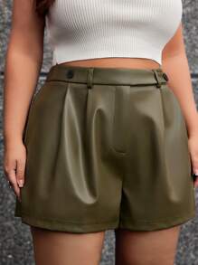 SHEIN Privé Plus Size Women Solid Color Elegant PU Leather Straight Shorts - Army Green - View 4