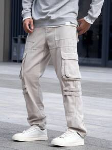 Claim Dot Men's Utility Pockets Casual Straight Leg Jeans - Grey - View 4