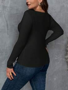 SHEIN Clasi 1pc Plus Size Women Light Apricot Crew Neck Long Sleeve Basic Pullover Sweater, Autumn/Winter Fall - Black - View 2