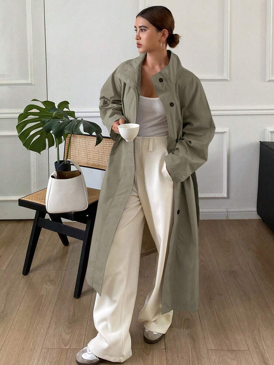 DAZY 纯色宽松长袖系带口袋纽扣女式长款风衣外套，秋季女装 - 綠色 - 查看 1