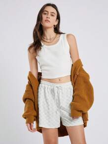 SHEIN EZwear Shorts femininos xadrez casual com cordão na cintura - Branco - Ver 2