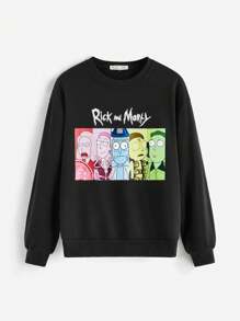 Rick and Morty X SHEIN Women Casual Cartoon Character & Letter Print Drop Shoulder Loose Fit Black Sweatshirt, Suitable For Spring And Autumn