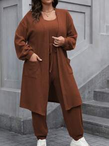 Calvaya Conjunto de 2 Peças, Macacão e Jaqueta em Cor Sólida com Textura Canelada, Plus Size, Casual para Uso Diário, Outono/Inverno