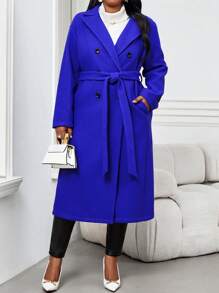 SHEIN Lady Áo khoác ngoài dài tay cỡ lớn màu đỏ dệt kim thanh lịch mùa thu đông Áo khoác ngoài dài tay cỡ lớn màu xanh lam ve áo dệt kim thanh lịch cài nút phía trước Áo khoác ngoài dài tay cỡ lớn màu xanh lam áo khoác mùa đông cho nữ - Màu xanh lam - Xem 3