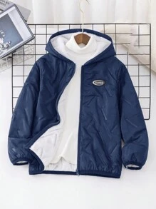 SHEIN Leap Crew Tween 男童休闲字母贴布连帽加厚保暖棉服外套，绗缝外套，棉服外套 - 藏蓝色 - 查看 5