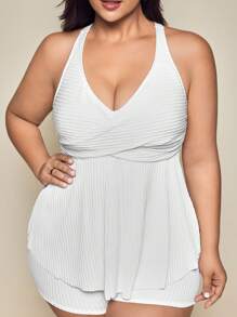 SHEIN Swim Curve 大码 V 领休闲纯色背心款式比基尼上衣夏季 - 白色 - 查看 4