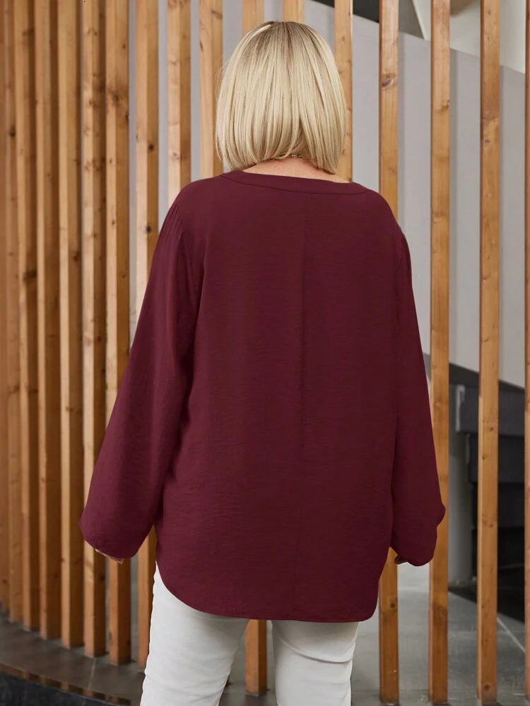 Plus Size Solid Color Notch Neck Long Sleeve Minimalist Top, New Years Women