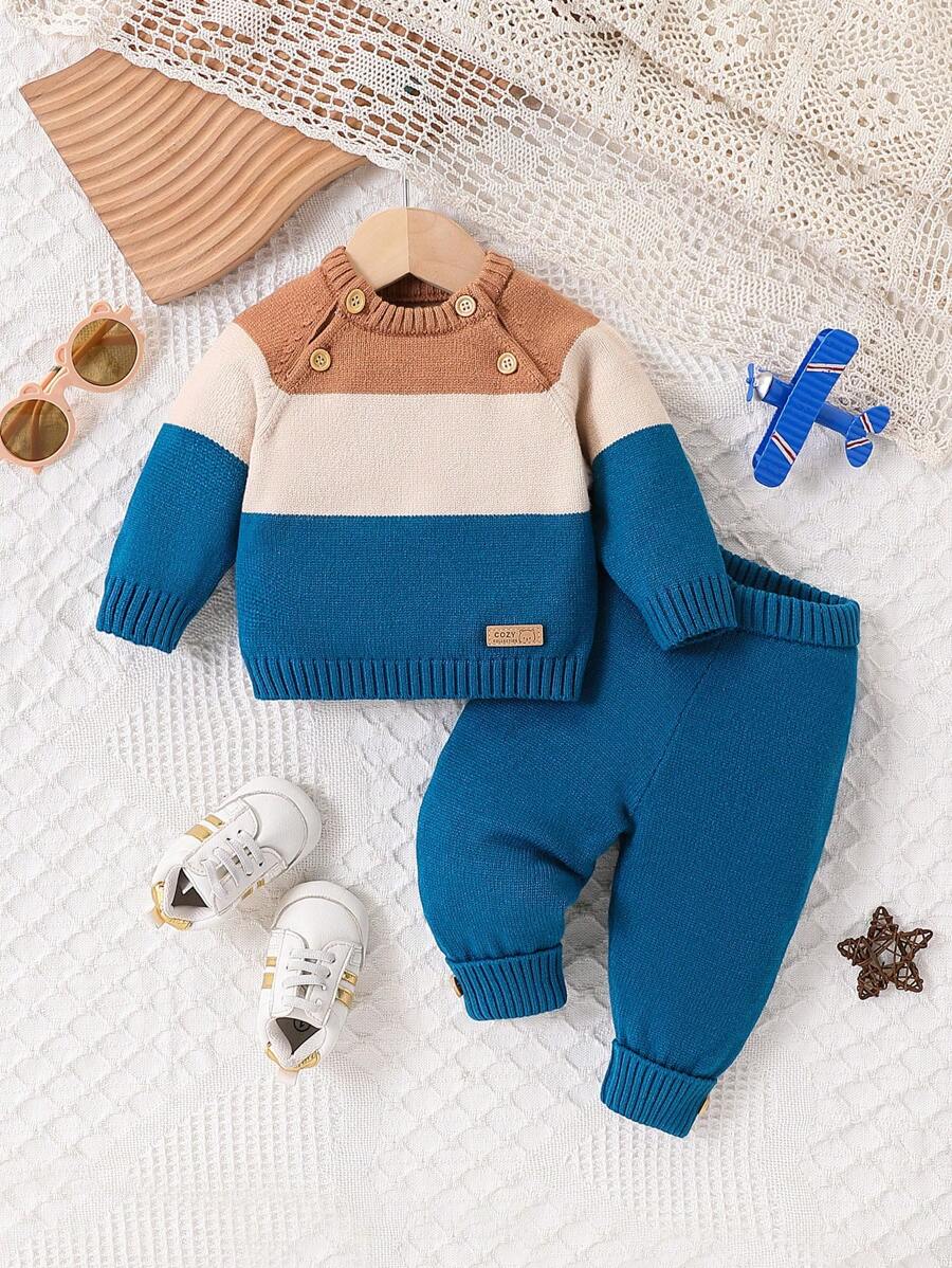 Baby Boy Casual Daily Contrast Color Raglan Sleeve Sweater And Pants, Autumn/Winter - Dark Green - View 1