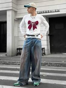 Mainfolk 男士针织时尚图案休闲宽松长袖毛衣，适合校园、度假、秋冬 - 白色 - 查看 4