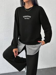 Cotton Fashionable Patchwork Sweatshirt & Sweatpants Set - Black - View 4