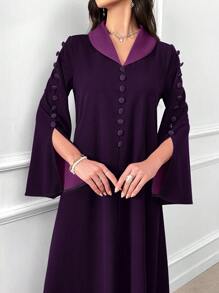 Al Najma Vestido de manga larga holgado y modesto con botones decorativos de color contrastante para mujer en otoño - Morado - Ver 6