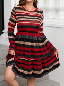 SHEIN Clasi Plus Size Casual Everyday Color Block Striped Cinched Waist Dress For Autumn - Multicolor - View 1