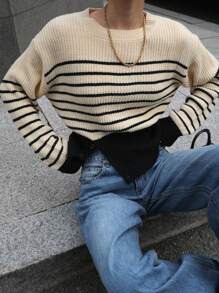 DAZY Contrast Striped Loose Crew Neck Long Sleeve Split Side Women Sweater