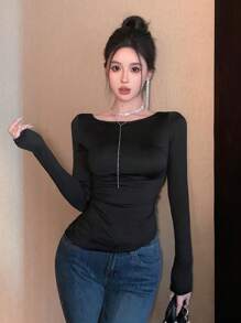 DAZY 1pc Women Lace Patchwork Asymmetric Back Design Long Sleeve T-Shirt Going Out Tops Sheer,Fall Clothes - Black - View 4