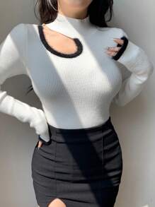 DAZY Women Contrast Color Splicing Hollow Out Turtleneck Pullover Sweater,Fall Clothes