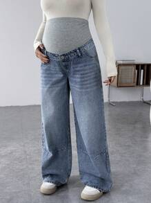 SHEIN 孕妇宽松直筒牛仔裤，蓝色 - 藍色 - 查看 5