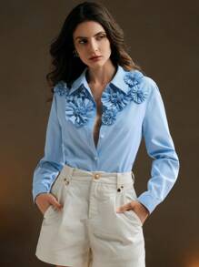 Anewsta 1 件女式现代条纹 3D 花卉女式衬衫 - 藍色 - 查看 1