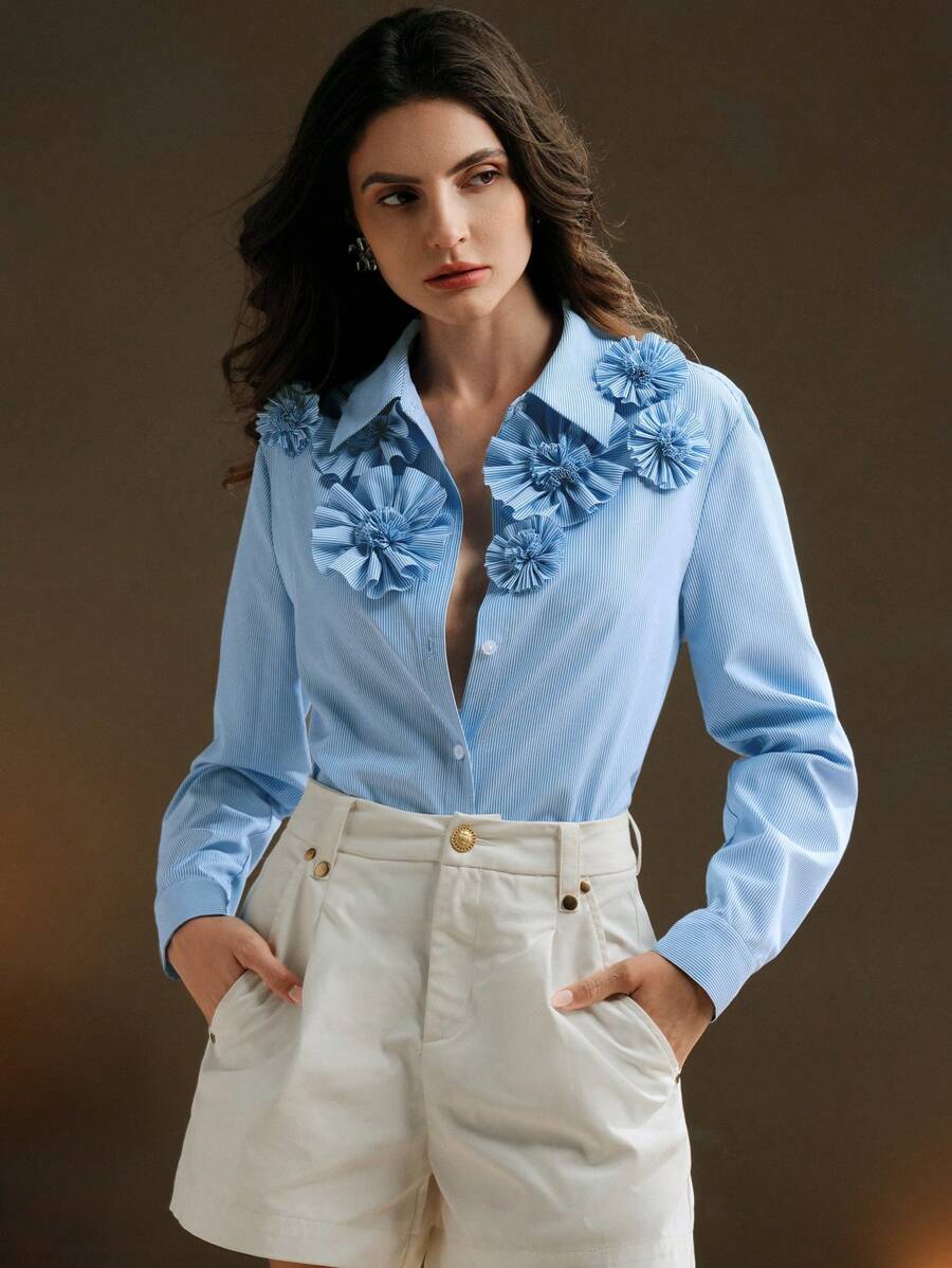 Anewsta 1 件女式现代条纹 3D 花卉女式衬衫 - 藍色 - 查看 1