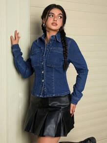 SHEIN EZwear Women's Casual Patch Pocket Single Breasted Denim Shirt