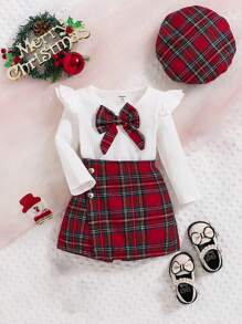 3pcs Christmas Plaid Bow Decor Long Sleeve Top, Skirt & Hat Set, Cute Outfit For Baby Girls, Suitable For Autumn/Winter