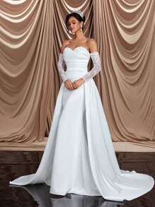 Glamrae 优雅白色露肩露肩蕾丝领串珠透视长袖鱼尾婚纱，带可拆卸超长拖尾（可变换），新娘礼服，新娘 - 白色 - 查看 6