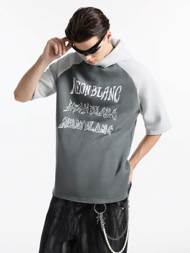 Men Cotton Raglan Sleeve 3/4 Length Sleeve Letter Print Hoodie T-Shirt, For Rapper, Grunge