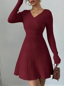 Elenzga 1pc Solid Color V-Neck Long Sleeve Casual Short Wrap-Style Dress - Burgundy - View 8