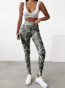 Muchica Casual Minimalist Autumn Dead Tree Branch Print Knit Leggings For Women, Skinny Fit Long Pants, Suitable For Autumn/Winter