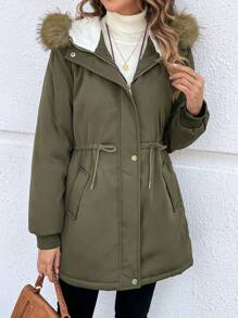 EMERY ROSE Women Fluffy Patchwork Hooded Padded Coat Coat, Winter - Army Green - View 8