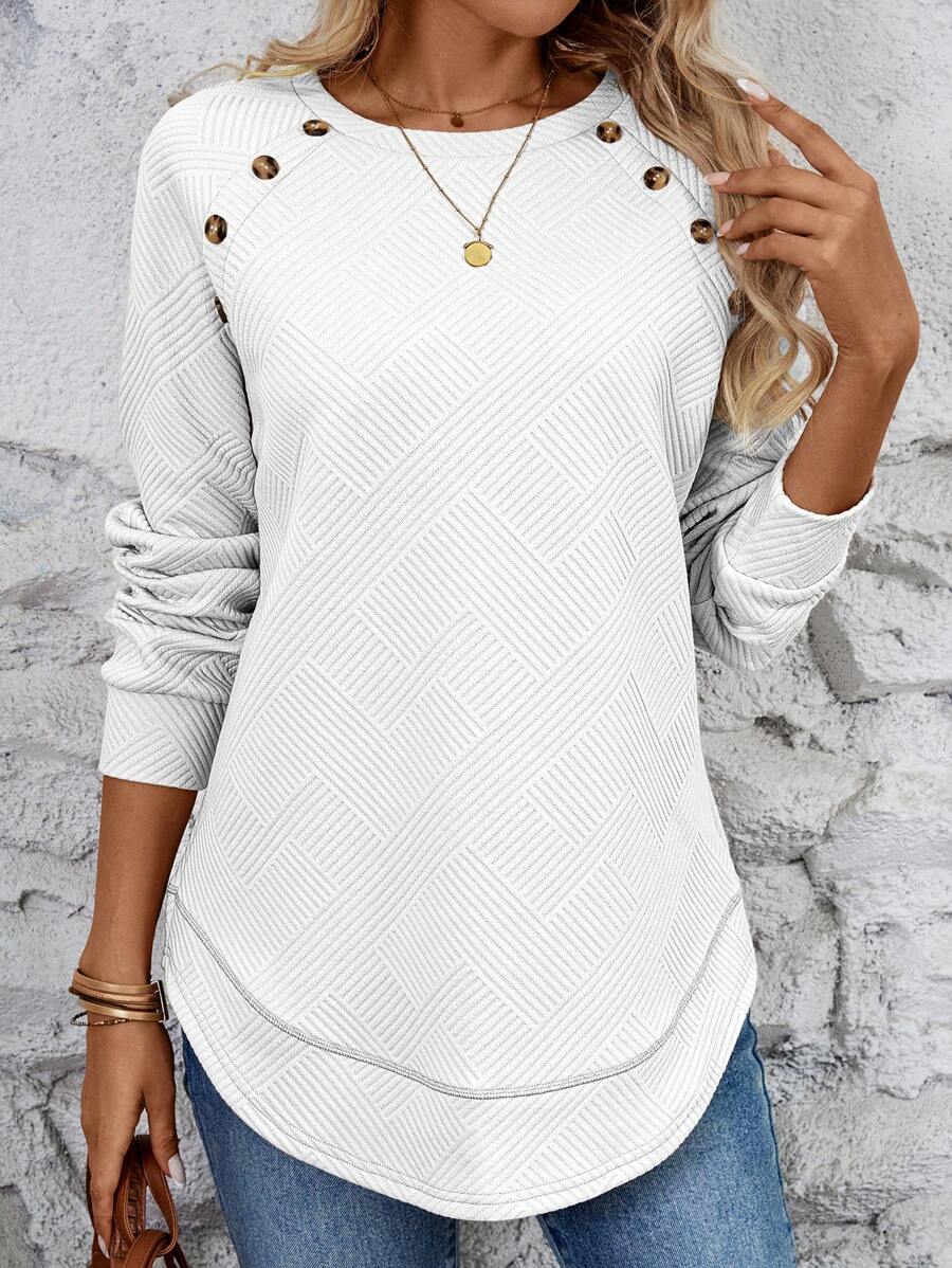 SHEIN LUNE Khaki Raglan Sleeve Button Design Sports Sweatshirt For Women - White - View 1